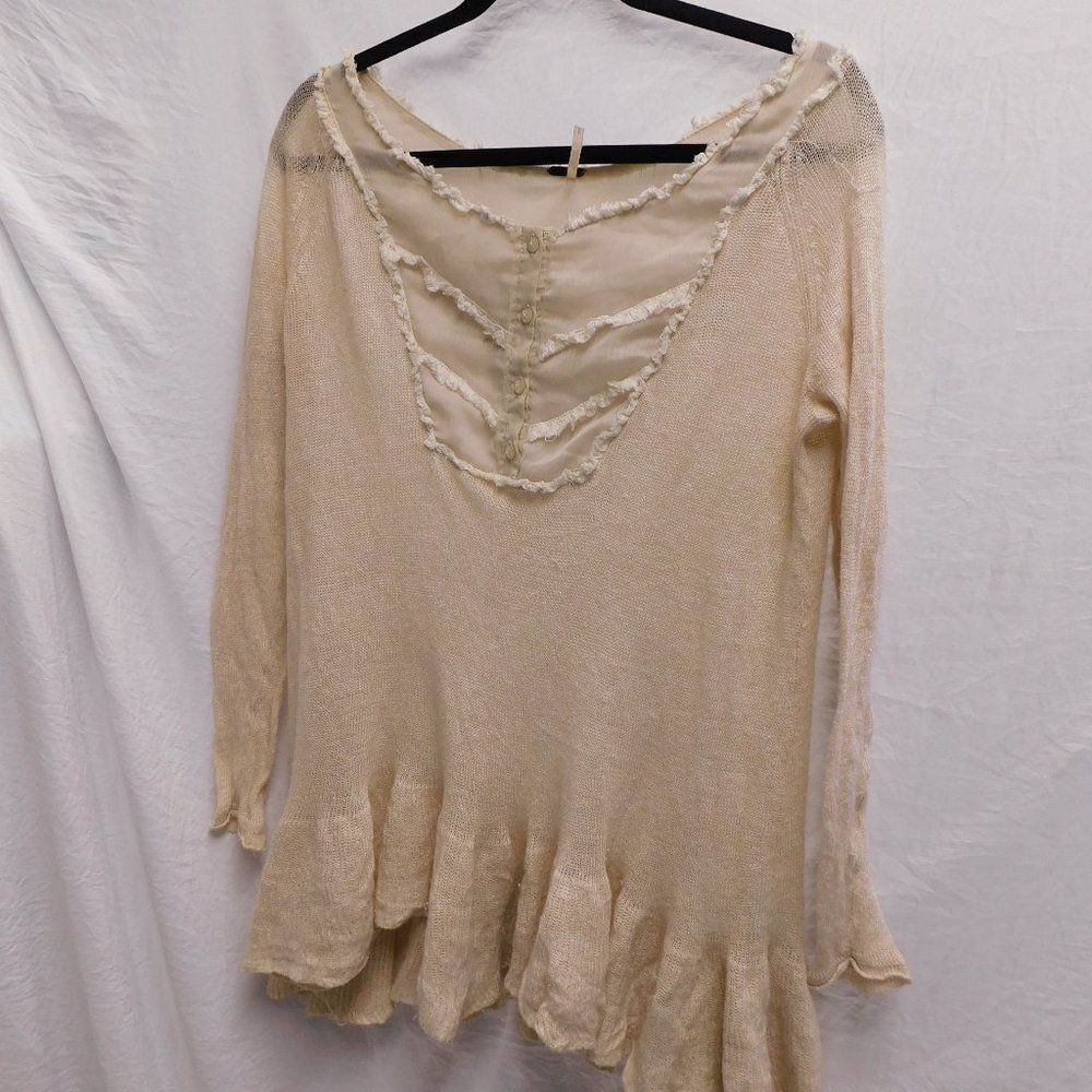 Free People S Beige Lace Embroidered Sheer Bib Sweater EUC - Picture 3 of 5